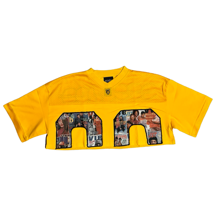 Yellow cropped jersey with photo collage numbers.