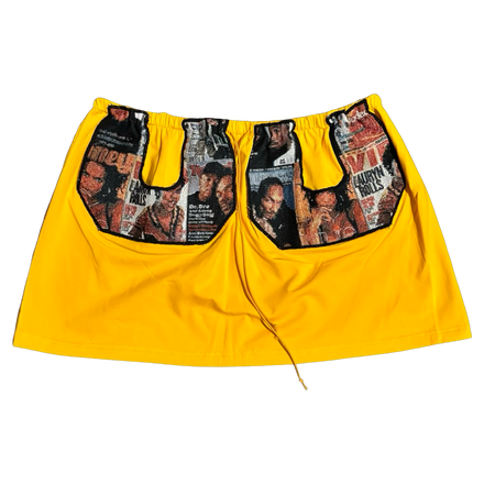 Yellow shorts with hip-hop images.