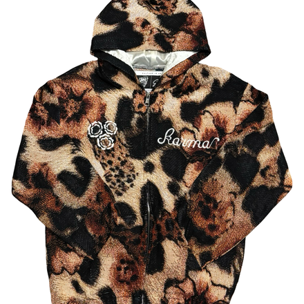 A hooded full-zip jacket with a brown and black leopard print.
