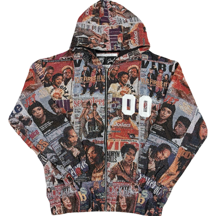 A hooded tapestry jacket featuring a collage of magazine covers.