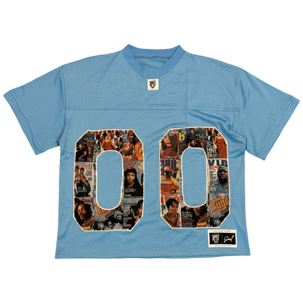 Light blue mesh jersey with ’00’’ on the front, filled with a collage of images.