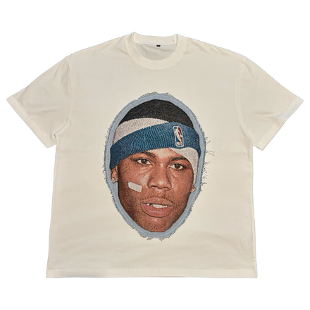 White t-shirt with a portrait.