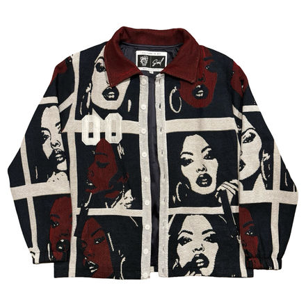 Black, red, and off-white patterned collared jacket with button-front closure.