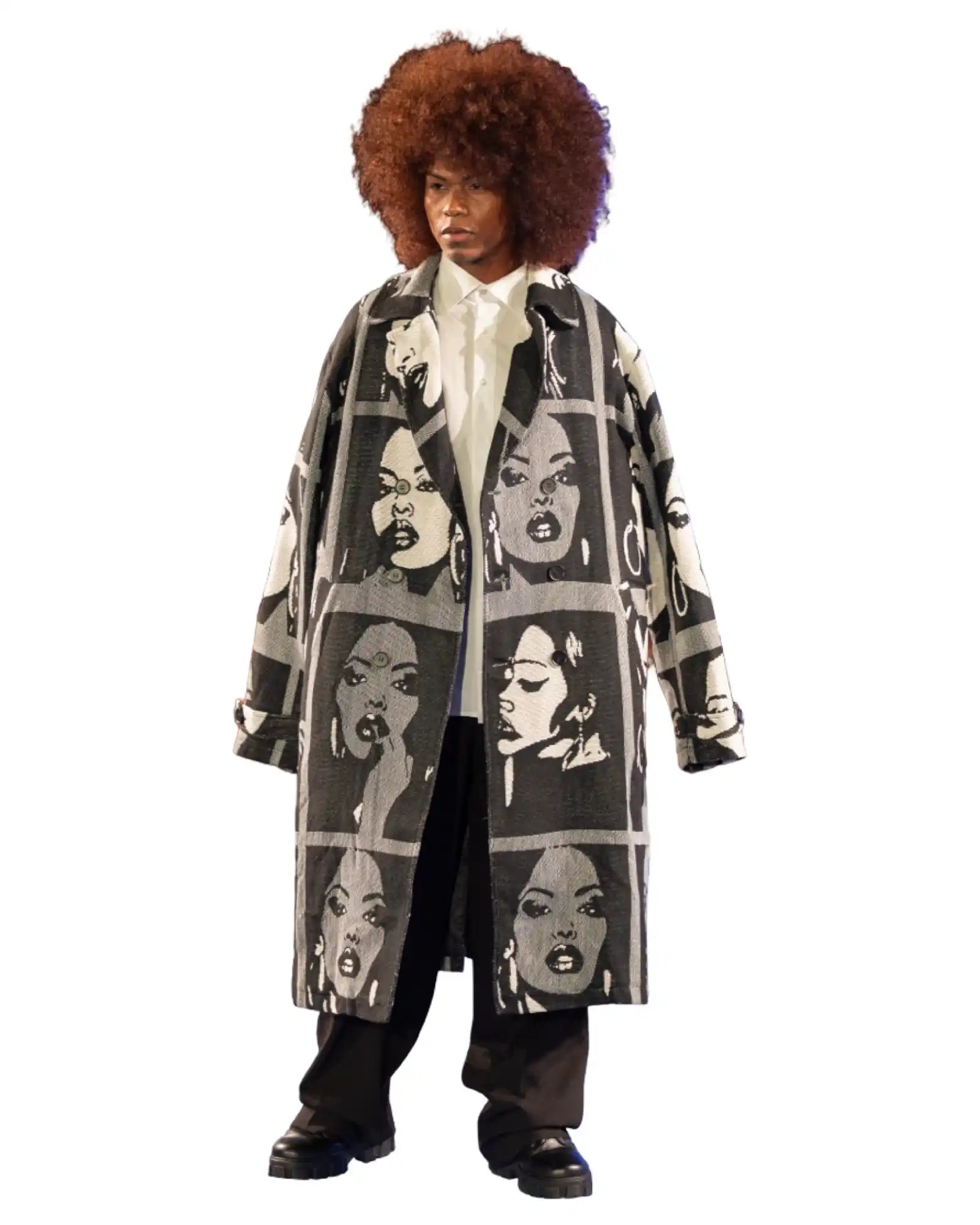 Black and white graphic print trench coat with female faces.