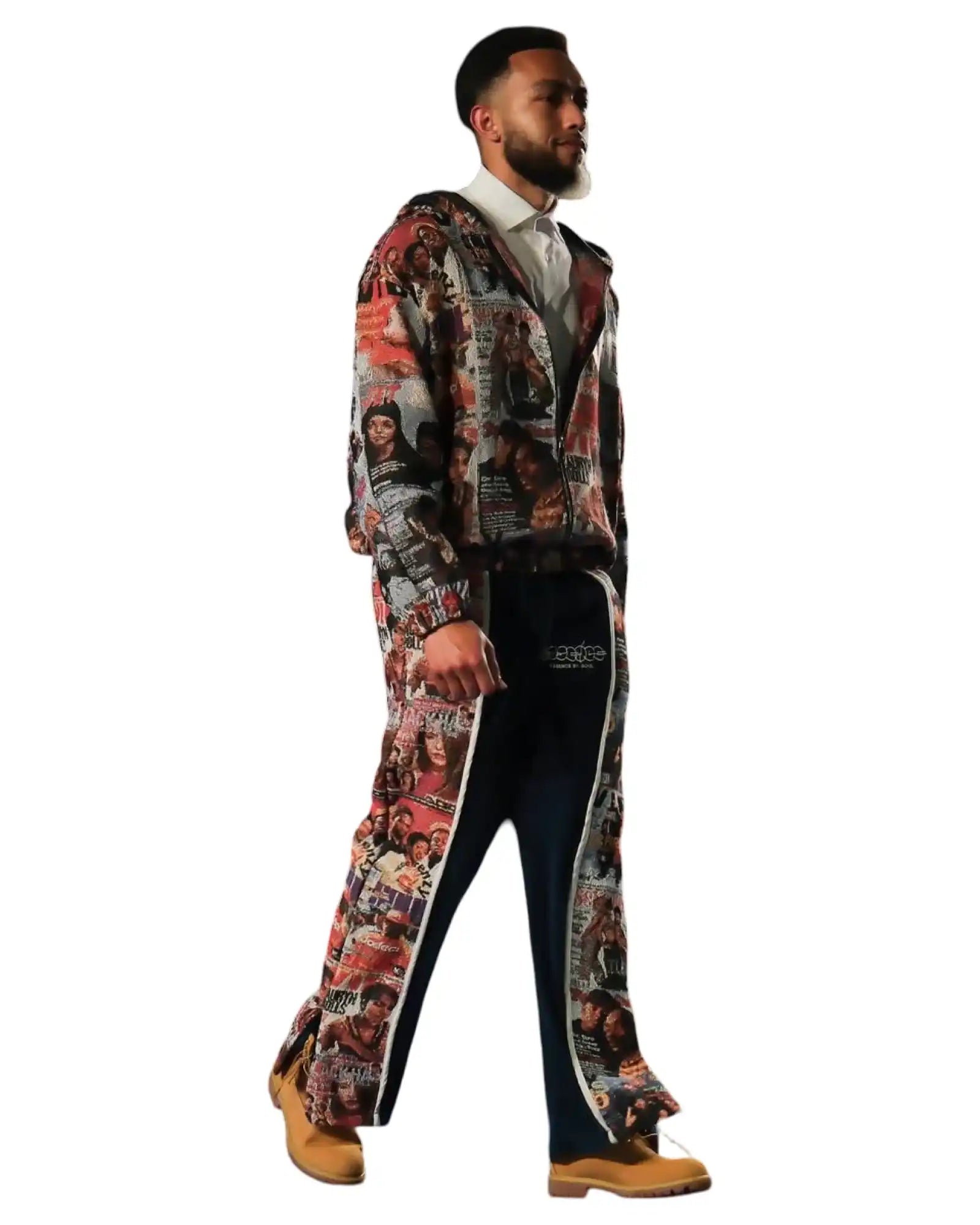 A men’s button-up shirt with a collared neck, a multi-colored jacket featuring various images, and dark blue pants with white stripes and images along the side.