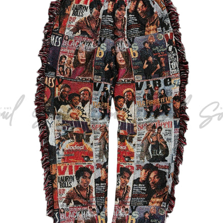 Pair of pants covered in magazine cover prints featuring musicians and celebrities.