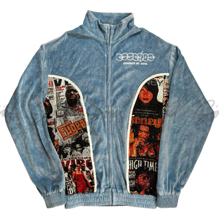 Blue velour jacket with horror movie poster-inspired panels on the front.