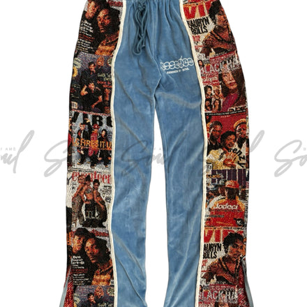 Pair of jeans with colorful magazine cover-printed side panels.