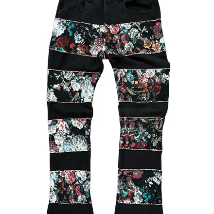Black floral patchwork pants.