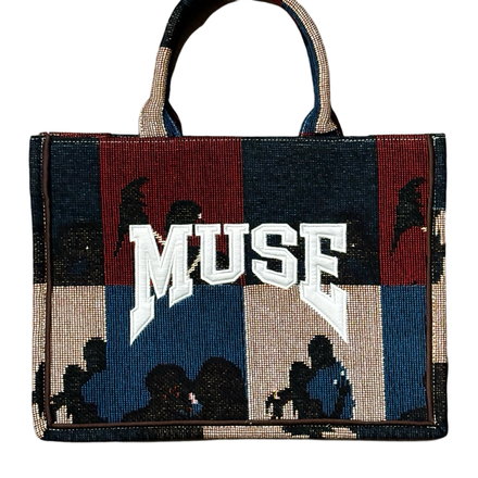 Patchwork tote bag featuring the word ’MUSE’ and silhouette designs.