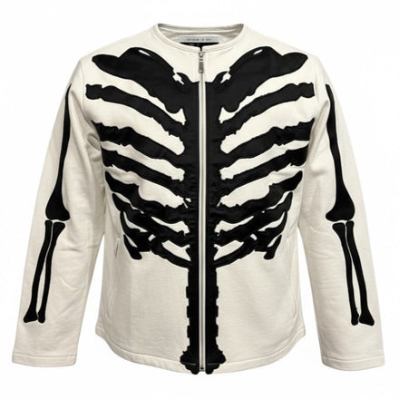 Skeleton jacket with black and white bones design, zipper closure.