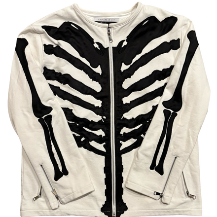 White long-sleeved zipped jacket with a black skeleton print.