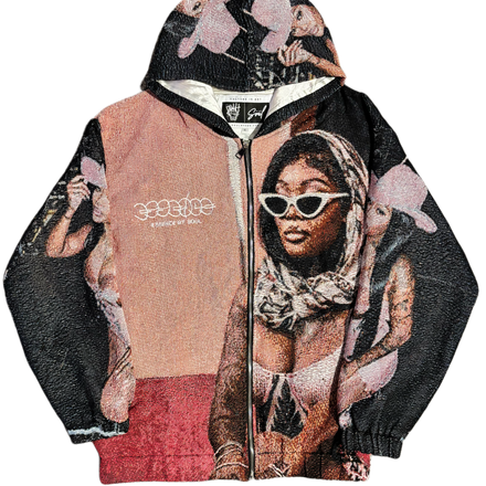 Black and pink graphic hoodie featuring a detailed illustration of a woman in white sunglasses, with the brand ’god’ visible on the tag.
