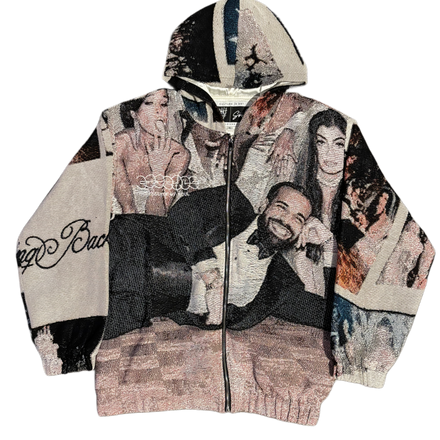 A textured, zip-up hoodie featuring a detailed tapestry design with images of drake and his loved ones in various poses.