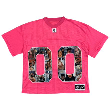 Pink mesh football jersey with ’00’’ on the front, filled with small photo collages.