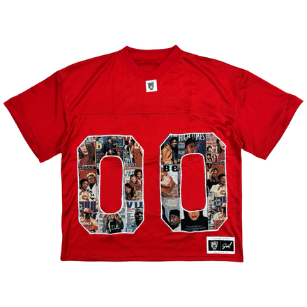 Red jersey with ’00’’ on the front made from a collage of images.