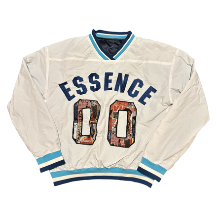 Cream-colored essence varsity jacket with distressed ’00’’ and blue accents.