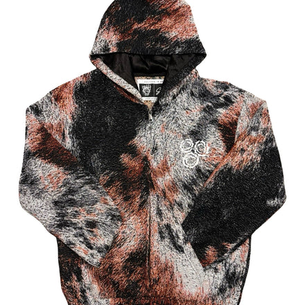 Tie-dye hoodie with a black hood and white logo.