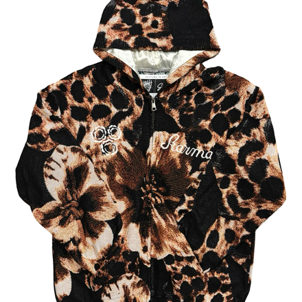 A black and brown leopard print zip-up hoodie with floral patterns.