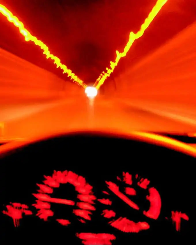 Orange and yellow neon light tunnel design with glowing lines.