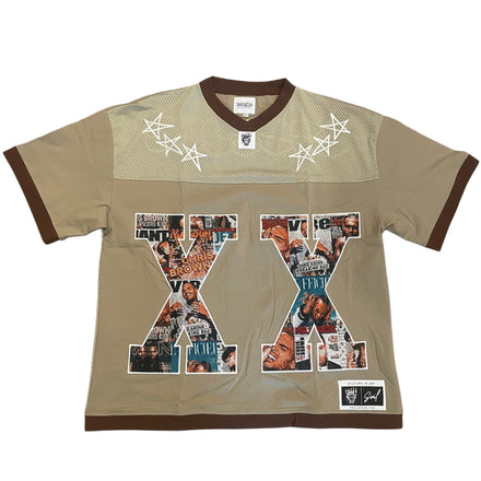 Tan and brown t-shirt with collage design.