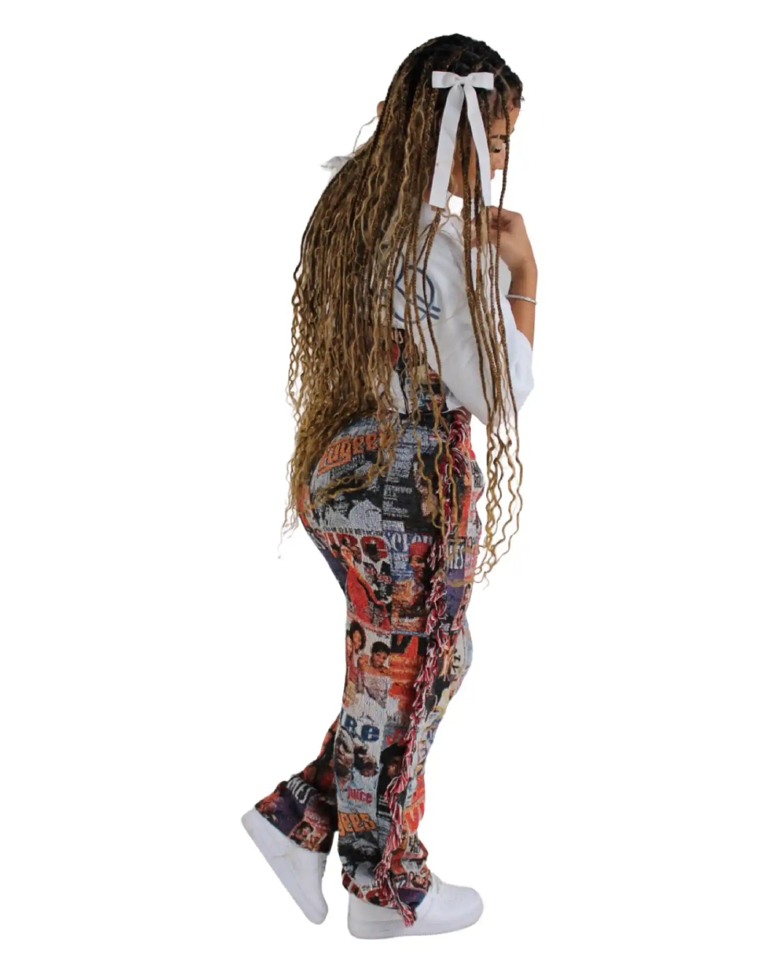 Woman’s printed pants with ruffled sides.